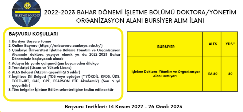 2022-2023 Bahar Dönemi İşletme Bölümü Doktora/Yönetim Organizasyon Alanı Bursiyer Alımı